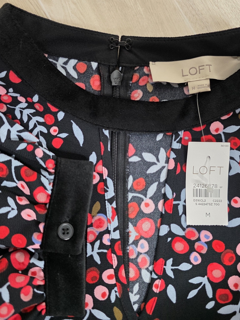 LOFT NWT Black Dress w/ Red Berry and Light Blue Print - Picture 6 of 8